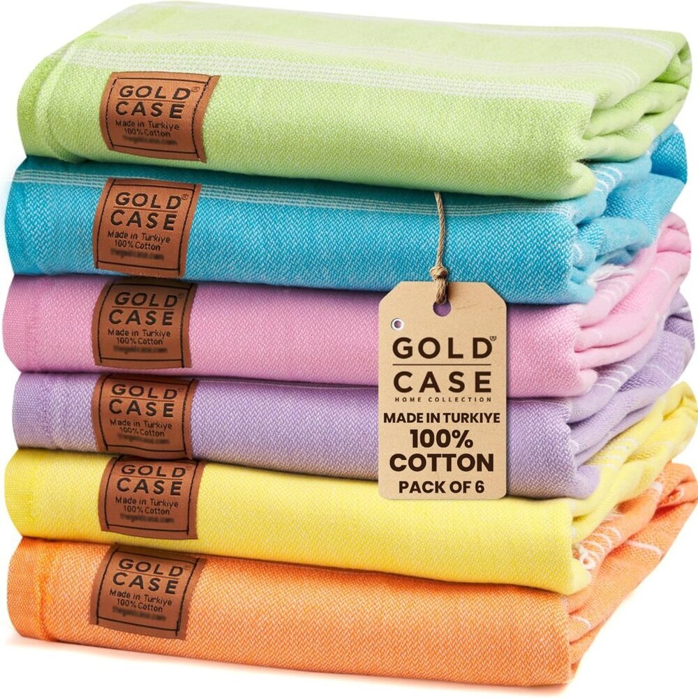 LYCIA Turkish Beach Towel Set of 6 100% Cotton 70 x 38'' Peshtemal
